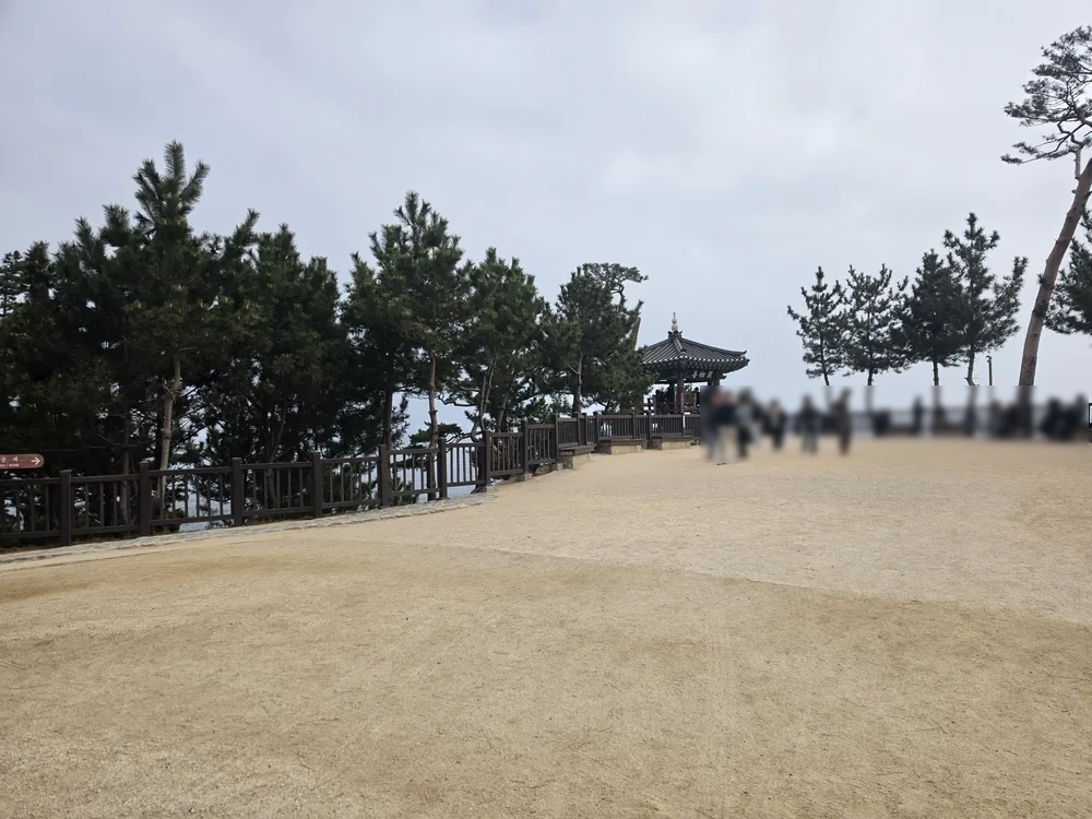 바다 전망 정자가 있는 사찰 마당
