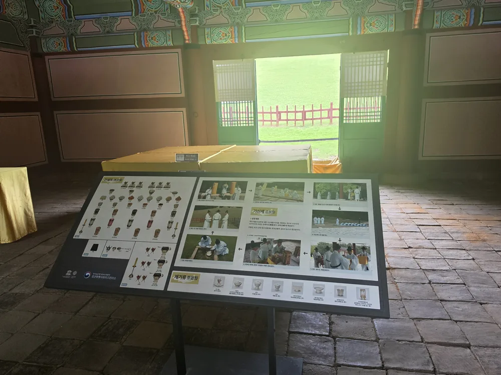 융릉 정자각 안에 놓인 제향 관련 설명판과 열린 문 너머 풍경