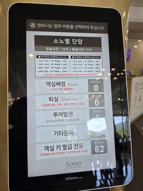 객실 배정과 키 발급 현황이 표시된 체크인 안내 화면