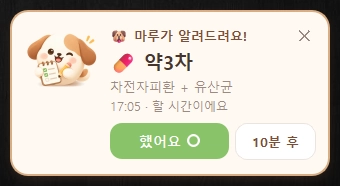 했어요와 10분 후 버튼을 제공하는 MARU 일정 알림 팝업